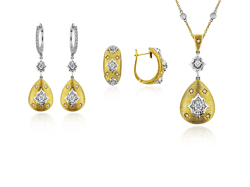 A luxurious yellow gold necklace and matching earrings adorned